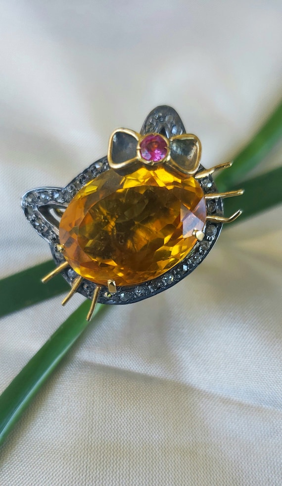 Citrine Kitty Polki Diamond Ring with Ruby Accent… - image 1