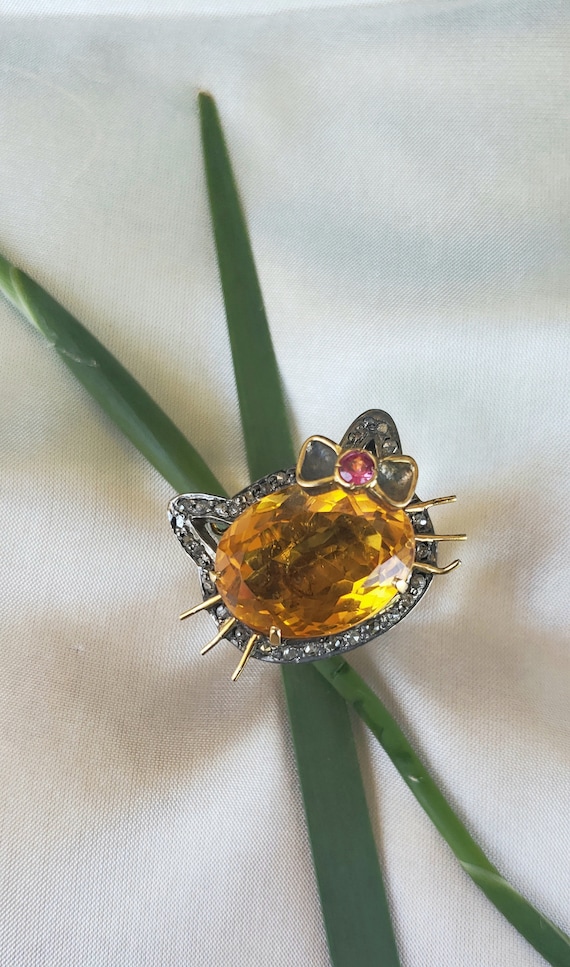 Citrine Kitty Polki Diamond Ring with Ruby Accent… - image 2