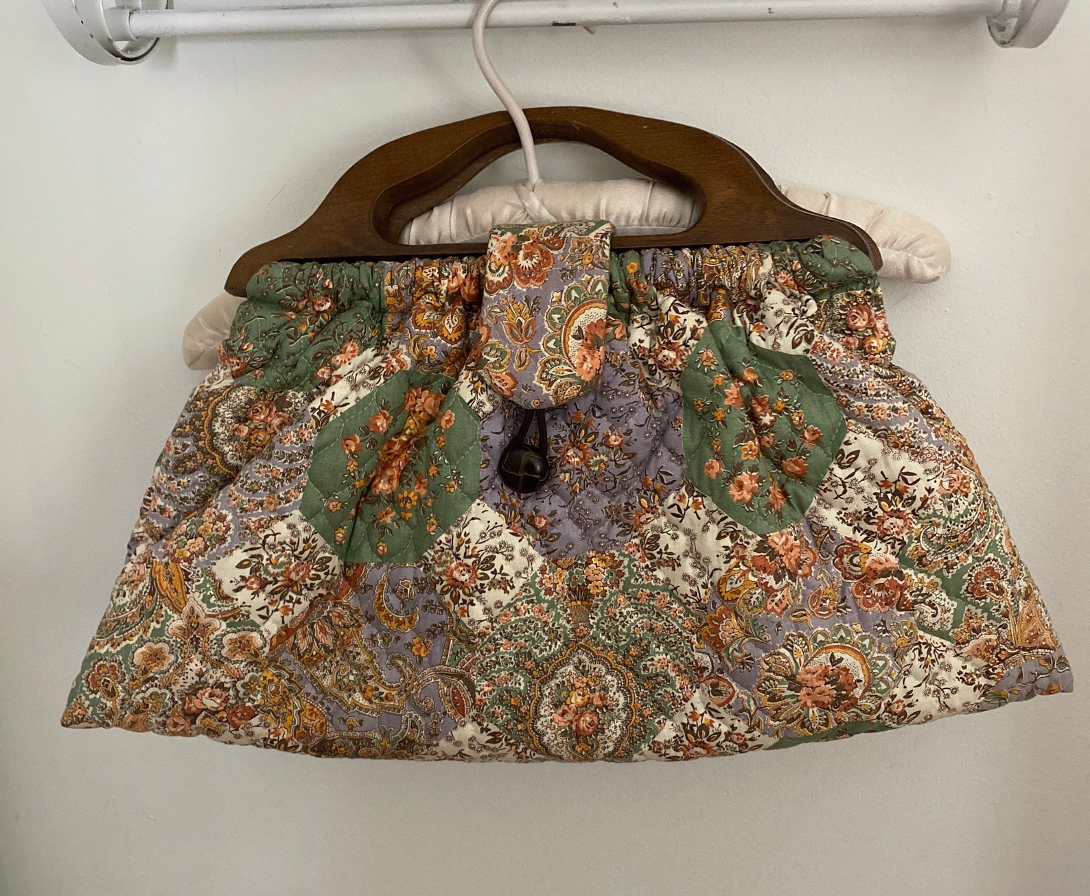 Vintage Quilt Fabric Knitting Bag with Wooden Handles Etsy