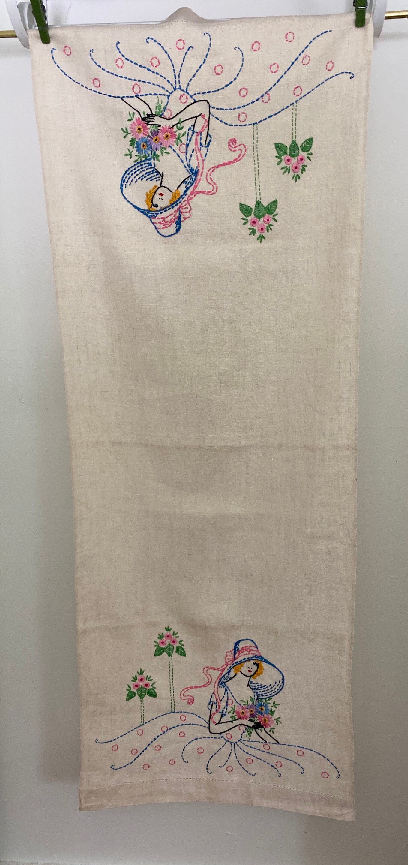 1930's Linen Dresser Scarf Beautifully Embroidered Etsy