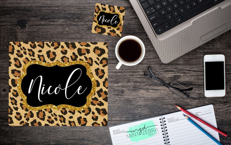 Personalized Leopard Print Mousepad Coaster Set Desk Etsy