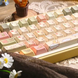May include: A mechanical keyboard with custom keycaps in pastel shades. The keycaps are decorated with illustrations of fruits, animals, and patterns. The keyboard has a yellow frame and is set against a soft, neutral background.