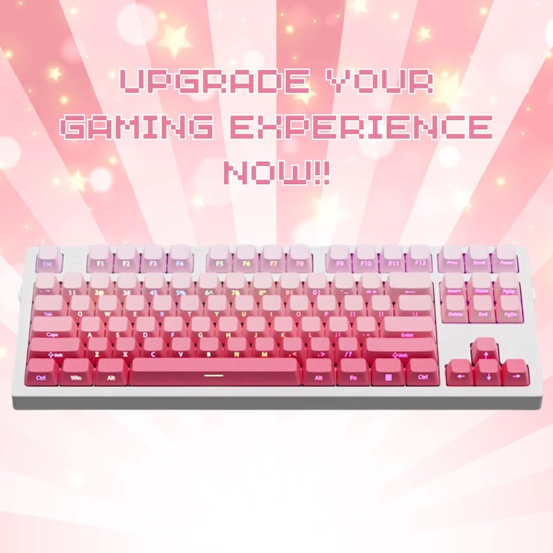 K&ouml;nnte beinhalten: Eine wei&szlig;e und rosa mechanische Tastatur mit Farbverlauf-Tastenkappen. Die Tastenkappen gehen von hellrosa zu einem tieferen Rosa &uuml;ber. Das Bild enth&auml;lt den Text "UPGRADE YOUR GAMING EXPERIENCE NOW!!".