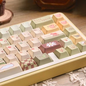 May include: A pastel-coloured mechanical keyboard with custom keycaps. The keycaps feature various designs, including a daisy, a cloud, and a checkered pattern. The keyboard has a yellow frame and a Backspace key.