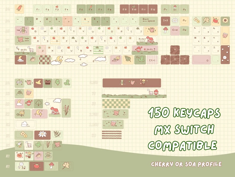May include: A set of 150 keycaps with a cute, whimsical design. The keycaps feature a variety of pastel colours, including green, pink, and brown, with illustrated icons. The text "150 KEYCAPS MX SWITCH COMPATIBLE" is visible.