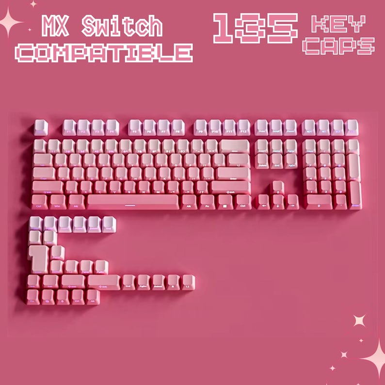 K&ouml;nnte beinhalten: Ein Satz von 135 rosa Tastenkappen, kompatibel mit MX-Switches, angeordnet, um eine Tastatur nachzubilden. Die Tastenkappen sind in verschiedenen Rosat&ouml;nen auf einem rosa Hintergrund. Der Text im Bild lautet "MX Switch Compatible" und "135 Key Caps."