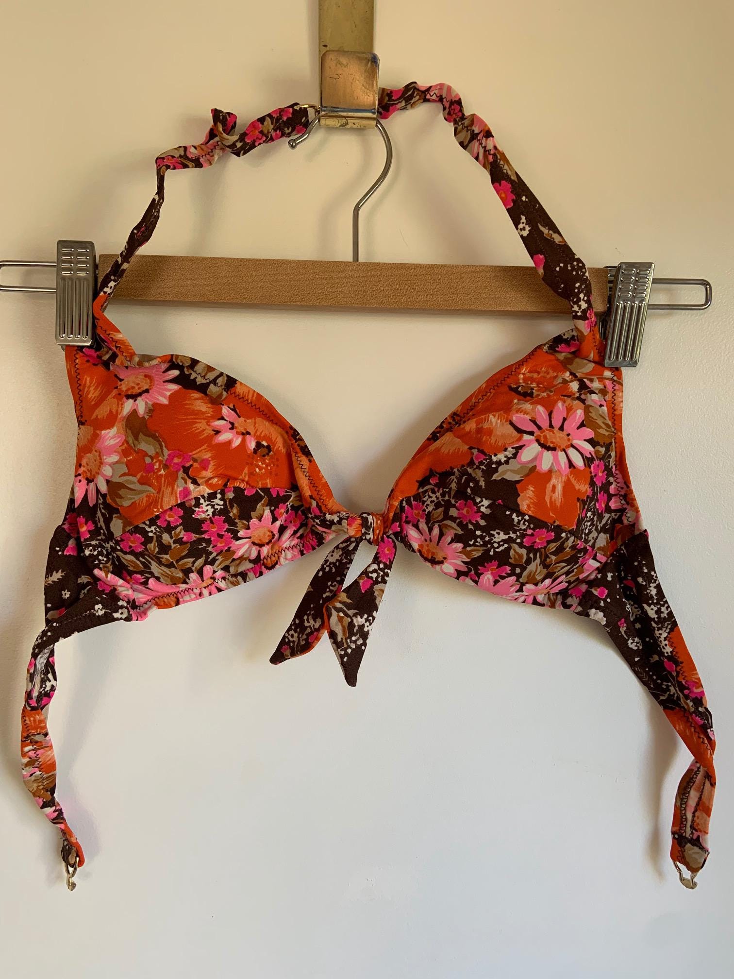 Vintage 2-piece swimsuit, bikini, XS, 1960s, 1970s, orange, pink, floral design, top and bottom, A or B cup