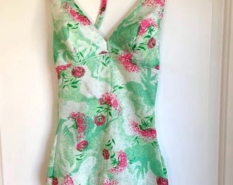 Vintage 1950s or 1960s one-piece floral, halter-neck bathing suit, authentic, unique, adjustable, size XS, A or B cup, subtly pointed cup