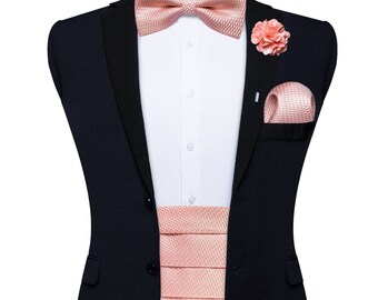 Peach Pink Pastel Cummerbund Lapel Pin Pocket Square Bow Tie & Cufflink Set. Party Accessories.