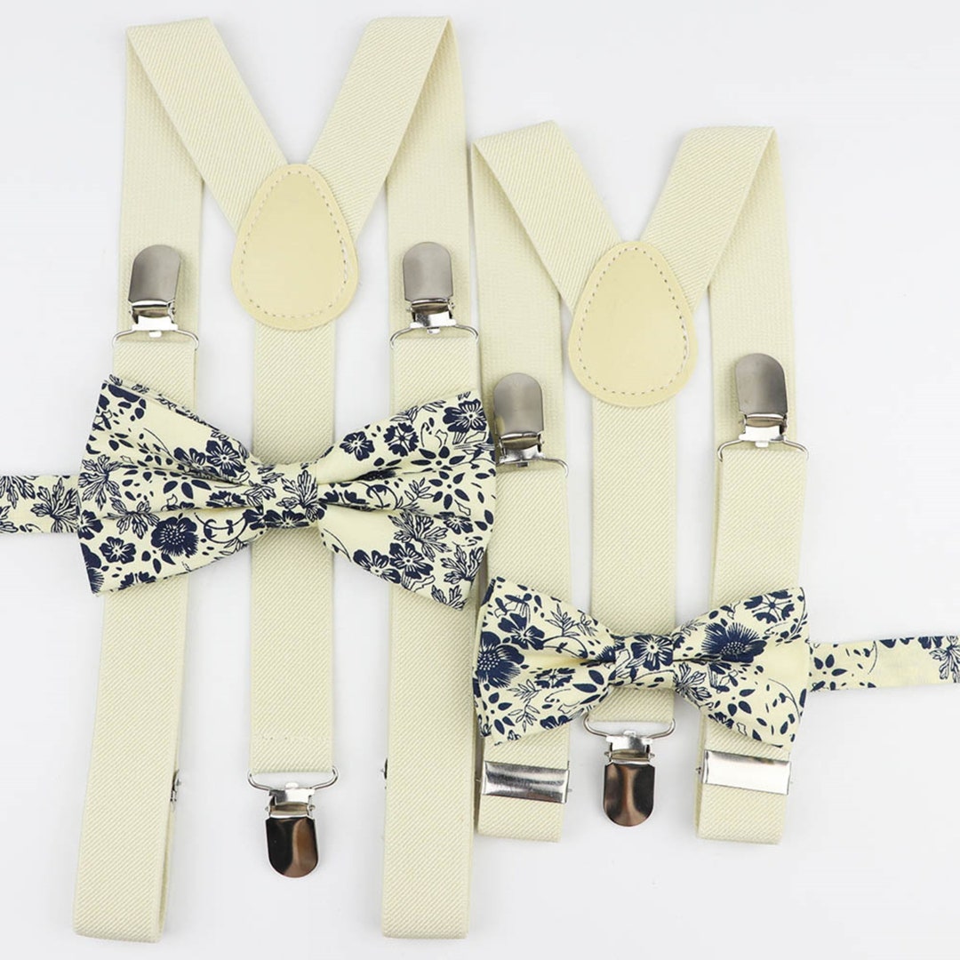 Cream White and Blue Flowers Floral Adult and Child Suspenders Braces