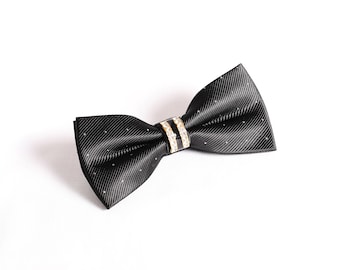 Black Silver Clear Crystal Metal Spotted Luxury Formal Prom Bow Tie