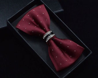 Burgundy Red Silver Clear Crystal Metal Spotted Luxury Formal Prom Bow Tie