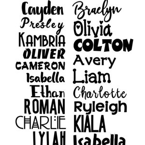 May include: A white background with the word "FONTS" in gray at the top. Below, various names are displayed in different black font styles, including Cayden, Braelyn, Presley, Olivia, Kambria, Colton, Oliver, Avery, Cameron, Isabella, Liam, Ethan, Charlotte, Roman, Ryleigh, Charlie, Kiala, Lylah, Isabella, Jackson, and Kennadi.