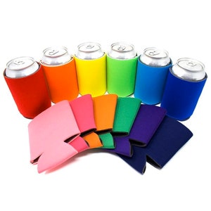 May include: A collection of colorful can coolers in red, orange, yellow, green, blue, and pink. The coolers are made of a foam material and are designed to keep beverages cold. Several cans are inside the coolers.