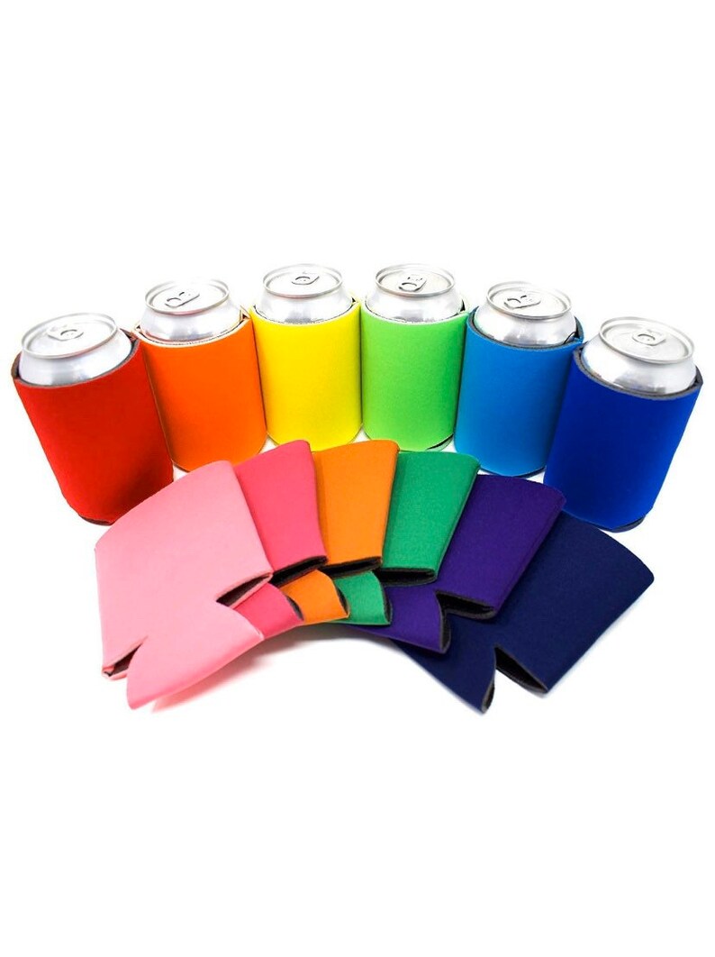May include: A collection of colorful can coolers in red, orange, yellow, green, blue, and pink. The coolers are made of a foam material and are designed to keep beverages cold. Several cans are inside the coolers.