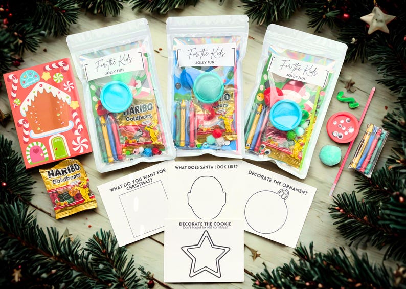 May include: Christmas-themed activity kits for kids, featuring clear bags with crayons, candies, and toys. The bags are labeled "For the Kids, Jolly Fun." Additional items include a gingerbread house-shaped box, drawing templates, and a bag of Haribo Goldbears.