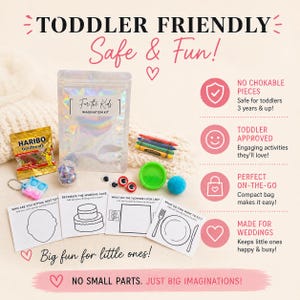 May include: A toddler-friendly imagination kit with a clear bag, crayons, playdough, and small toys. Includes activity cards, a bag of gummy bears, and a pop-it toy. Text reads "Safe & Fun!" and "Big fun for little ones!"