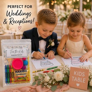 May include: A clear plastic bag labeled "For the Kids IMAGINATION KIT" contains crayons, playdough, and candy. Two children are coloring wedding cake drawings with crayons. The image includes the text "PERFECT FOR Weddings & Receptions!" and a "KIDS TABLE" sign.