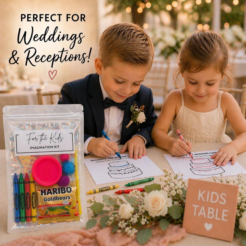 May include: A clear plastic bag labeled "For the Kids IMAGINATION KIT" contains crayons, playdough, and candy. Two children are coloring wedding cake drawings with crayons. The image includes the text "PERFECT FOR Weddings & Receptions!" and a "KIDS TABLE" sign.