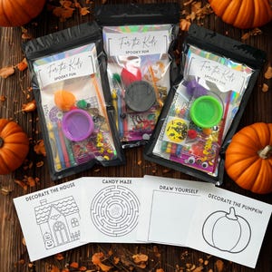 May include: Halloween-themed activity kits for kids, featuring clear bags with the text "For the Kids" and "Spooky Fun." Each kit contains various craft supplies and small toys. Also included are coloring pages with a house, maze, and pumpkin.