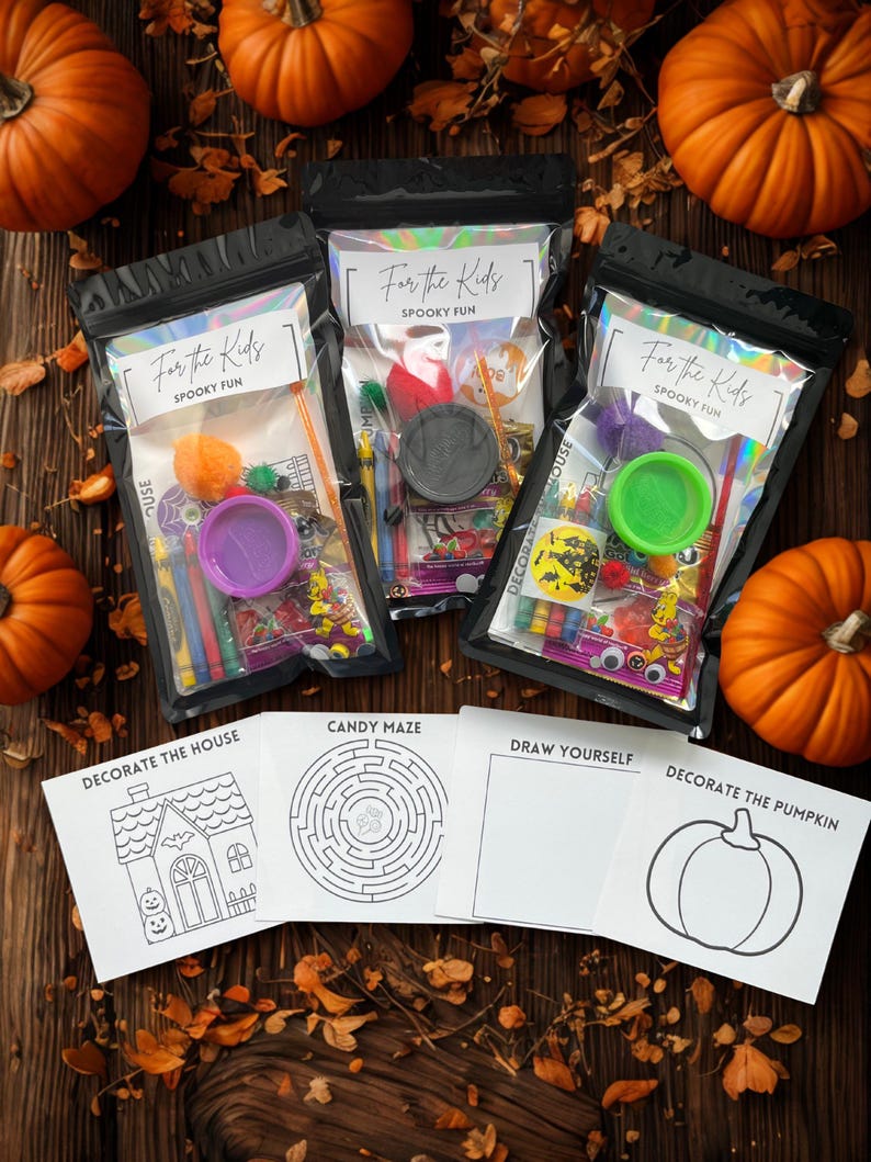 May include: Halloween-themed activity kits for kids, featuring clear bags with the text "For the Kids" and "Spooky Fun." Each kit contains various craft supplies and small toys. Also included are coloring pages with a house, maze, and pumpkin.