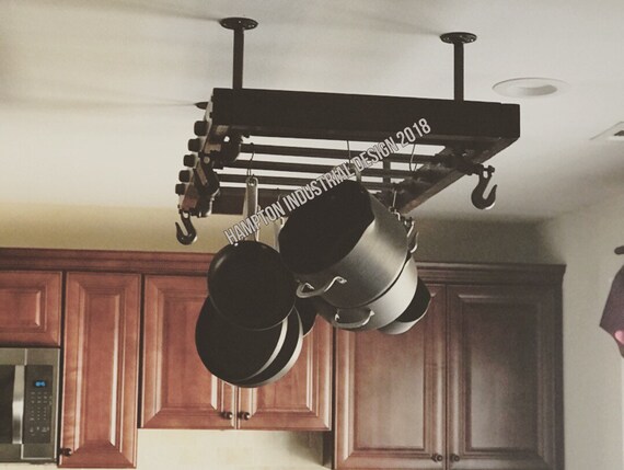 Kitchen Pot Rack w/ Rustic Burnt Wood & Industrial Black Metal Wire