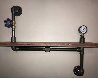 Steampunk inspired Shelf made from Reclaimed Wood and Industrial Pipe with preasure gauge and gate valve Industrial chic  Hampton Industrial