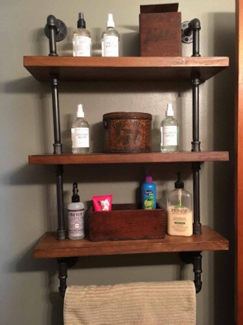 Bathroom shelves with towel rack, Reclaimed Wood, Industrial Pipe, Rustic, Industrial, Shabby Chic, Steampunk design, Hampton Industrial image 5