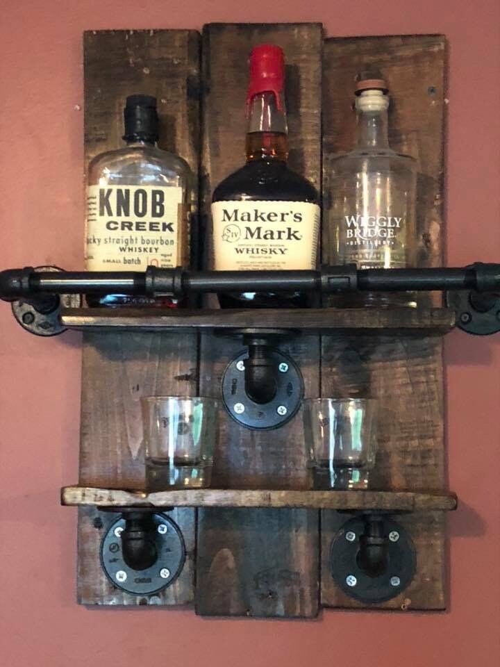 Model Whiskey Rack Bourbon Whiskey Rack, Reclaimed Pallet Wood and Industrial Pipe, Bar ...