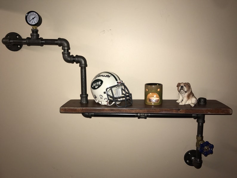 Steampunk Shelf made from Reclaimed Wood and Industrial Pipe with preasure gauge and water valve Industrial shabby chic Hampton Industrial image 1