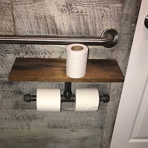 Rustic toilet paper with double holder and a handy shelf made from Reclaimed Wood and Industrial Pipe shabby chic Steampunk farmhouse