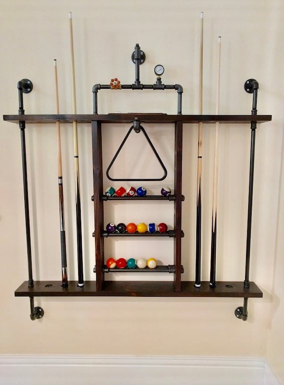 Pool Cue Holder Made From Reclaimed Wood And Industrial Pipe Etsy