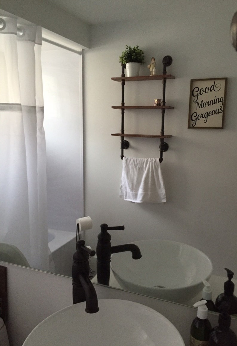 Bathroom shelves with towel rack, Reclaimed Wood, Industrial Pipe, Rustic, Industrial, Shabby Chic, Steampunk design, Hampton Industrial image 6