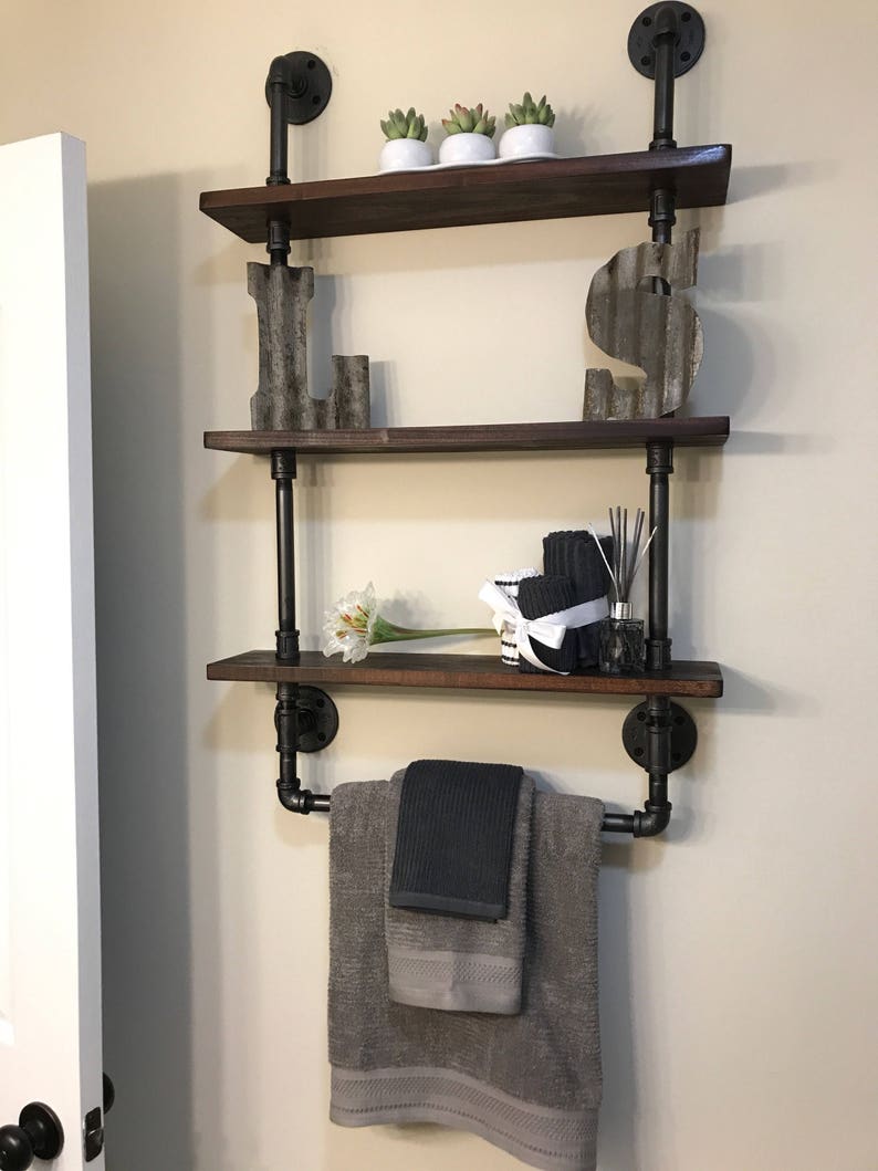 Bathroom shelves with towel rack, Reclaimed Wood, Industrial Pipe, Rustic, Industrial, Shabby Chic, Steampunk design, Hampton Industrial image 4