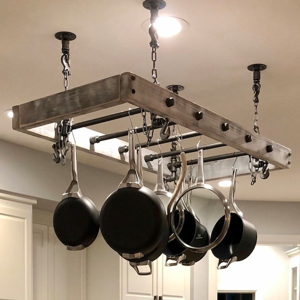 Chain suspended Hanging Pot Rack made with Reclaimed Wood and Industrial Pipe Kitchen Industrial Shabby chic Steampunk clevis hooks