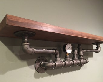 Industrial Pipe Shelf with Pressure Gauge | Steampunk Wall Shelf | Black Iron Pipe Reclaimd Shelf | Rustic Wood Industrial Decor | Loft Wall