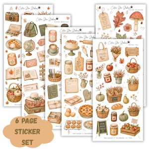 May include: A six-page sticker set featuring watercolor illustrations of autumn themes, including pumpkins, mushrooms, baked goods, travel gear, and market items. Each sheet displays the text Cutie Star Stickers and various seasonal motifs.