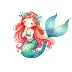 かわいい人魚のクリップアート | 海の生き物 l デジタルイラスト | 即時ダウンロード | 水彩画 | JPG ファイル | ウォールアート