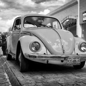 VW Beetle: Black and white print of a classic car