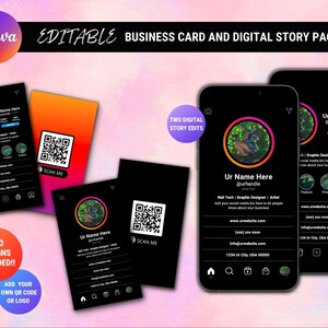 Puede incluir: Dos diseños de tarjetas de visita en blanco y negro con un código QR y un círculo de colores con la imagen de una persona. El texto de la tarjeta dice: "Ur Name Here @urhandle Nail Tech | Graphic Designer | Artist Add your social media bio here to let people know about your business www.urwebsite.com info@urwebsite.com 1234 Ur City, USA 00000". El texto de la plantilla de historia digital dice: "Ur Name Here @urhandle 3,345 Following 843 Following Nail Tech | Graphic Designer | Artist Add your social media bio here to let people know about your business www.urwebsite.com info@urwebsite.com 1234 Ur City, USA 00000".
