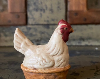 Primitive Chalkware Chicken 2\u201d white on nest