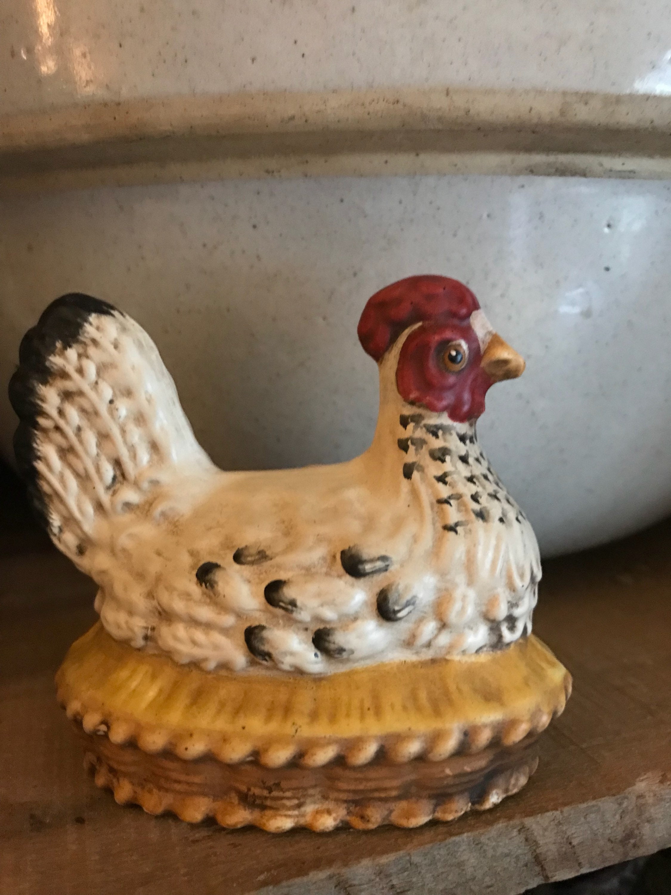 Primitive Chalkware Chicken 2\u201d white on nest