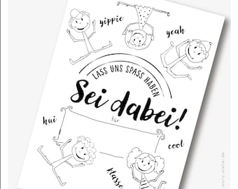 Einladung Kindergeburtstag SEI DABEI (zum Ausmalen), 6er Pack