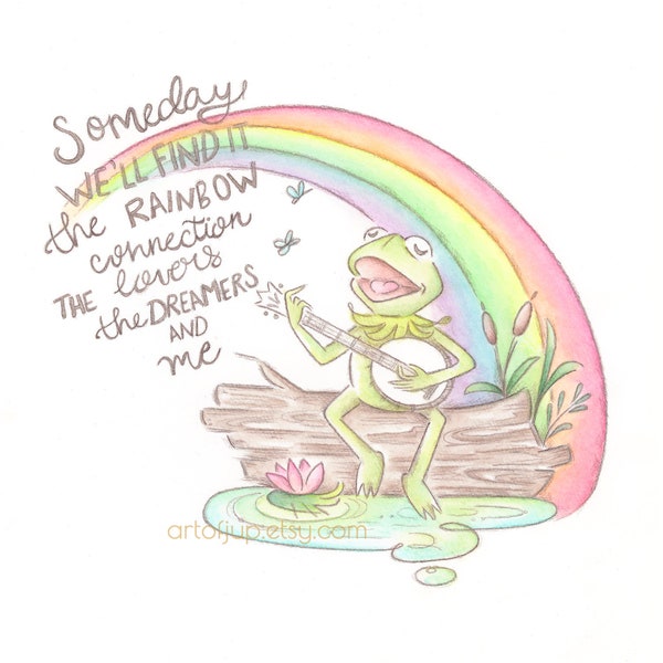 Kermit the frog rainbow connection painting, print, the muppets, watercolor