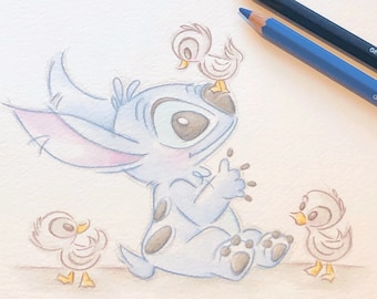 Lilo and Stitch art print , Disney Stitch, poster, duckling,  watercolor, gift