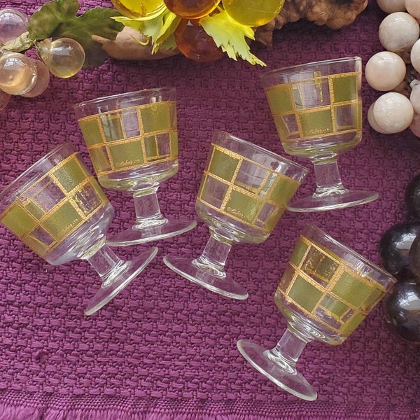 Vintage Culver Riviera Stemmed Glasses // Green and Gold // Mid Century Glass // Gold Glassware // Vintage Glassware // Hollywood Regency