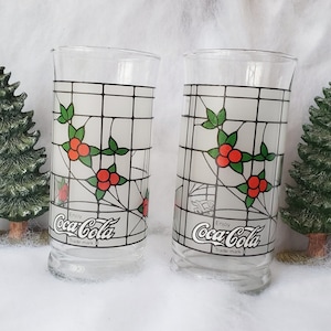 Vintage Coca-Cola Holiday Glasses // Coca-Cola Glass // Christmas Decor // Holly // Stained Glass // Christmas Glassware // Holiday Glass