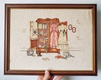 Vintage Embroidery Art, Lady's Wardrobe Embroidery Art, Victorian Decor, Powder Room Decor, Bathroom Decor