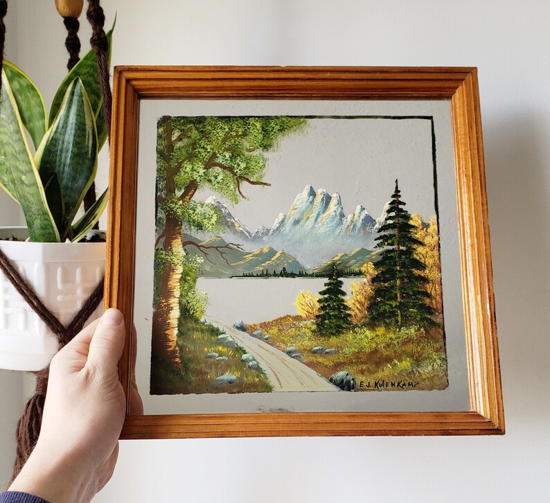 Vintage Painted Mirror By E J Kulenkamp Landscape Painting Art Cabin Decor Country