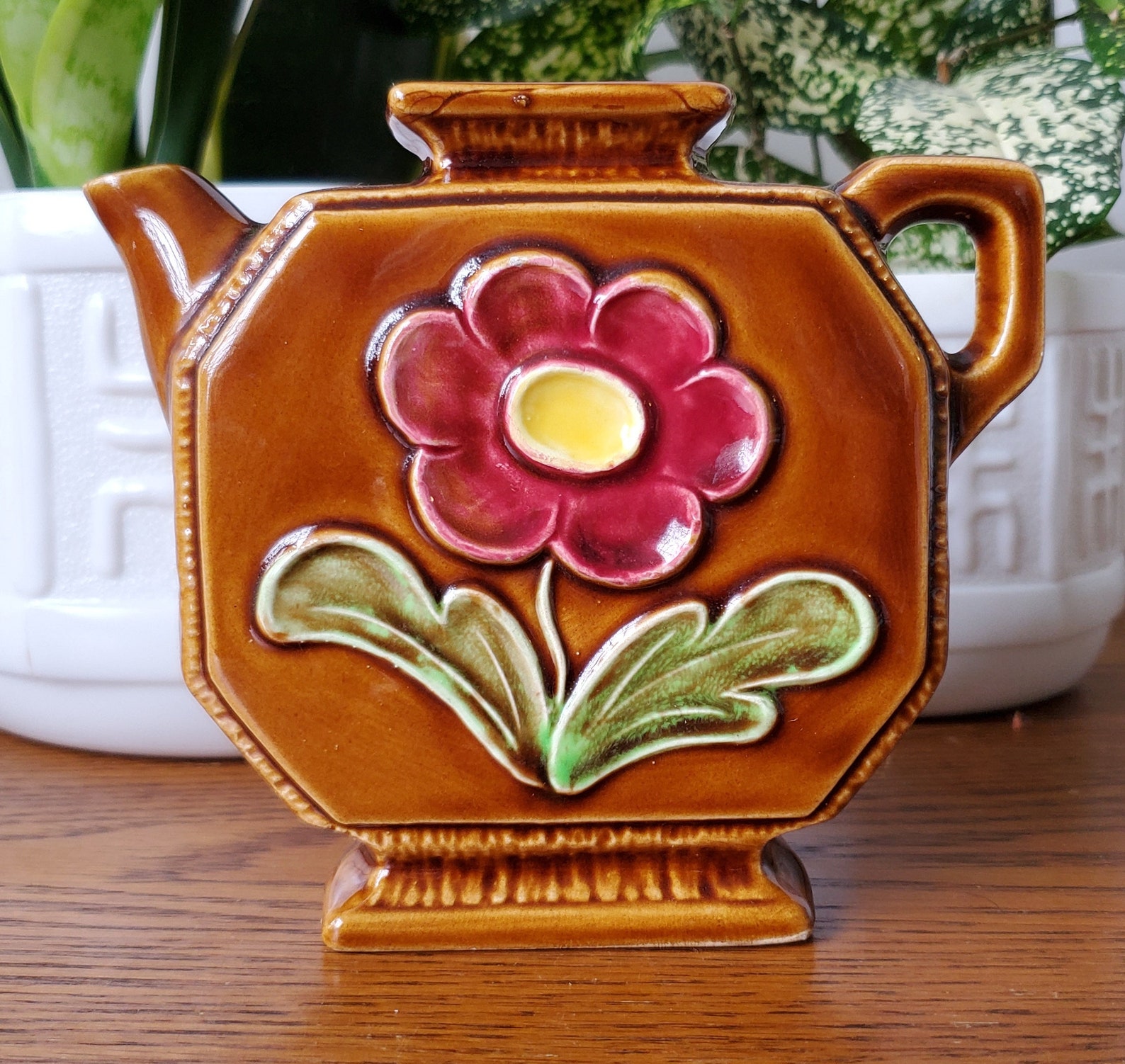 Vintage Ceramic Teapot Vase // Flat Teapot // Flower Decor // Etsy